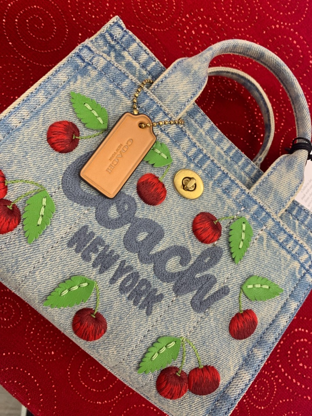 Coach Light Blue Denim Mini Tote with Red Cherry Embroidery - Picture 2 of 15